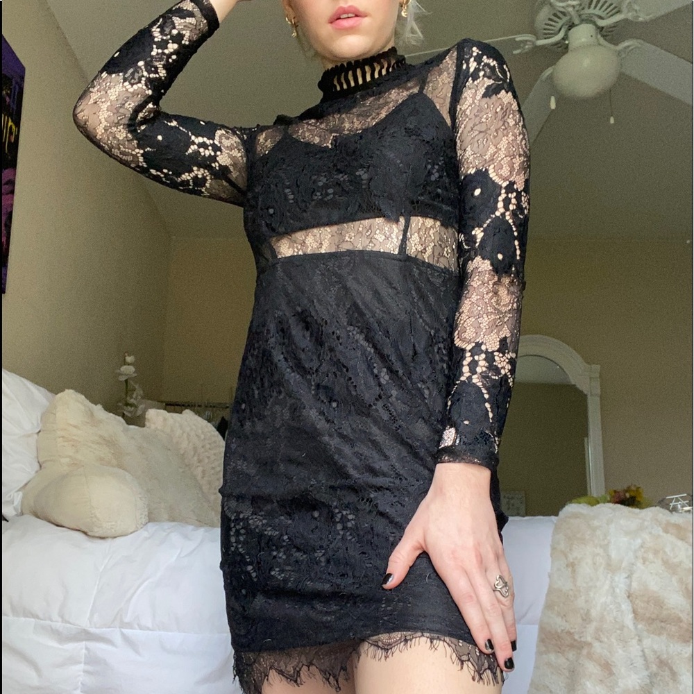 Black lace dress, turtle neck. Small